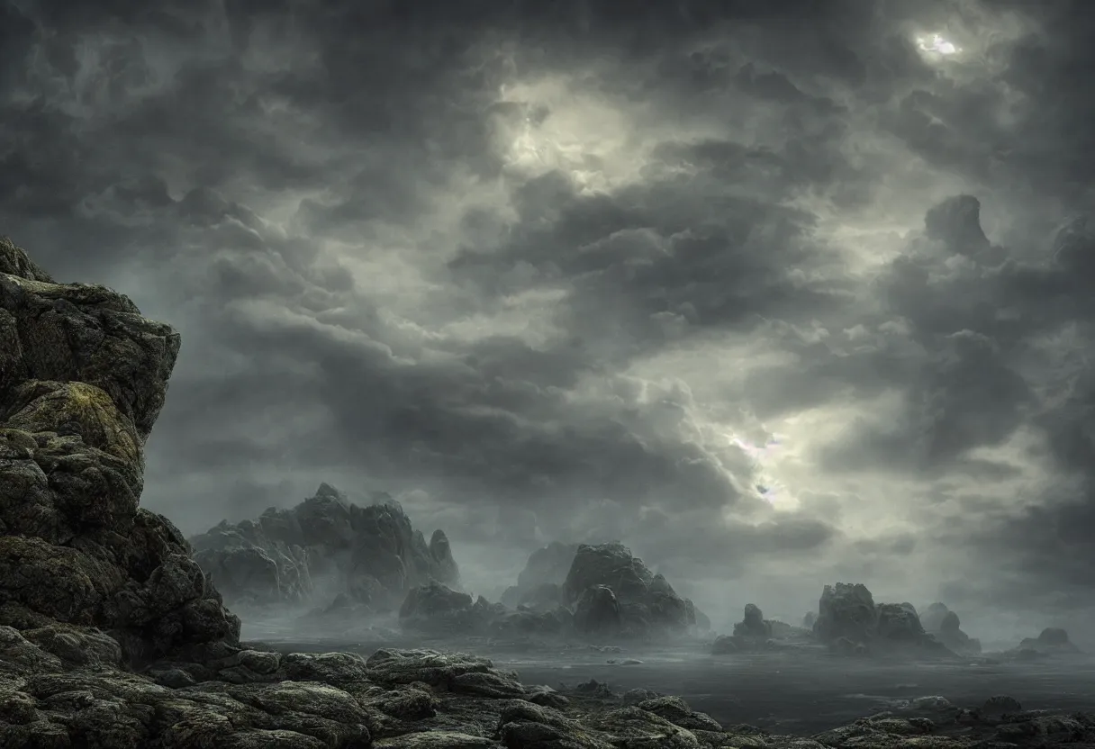 Prompt: Photorealistic epic misty landscape with magically floating rocks, with ominous storm clouds, bioluminescent runes, stones falling from the sky, a gentle rising mist. occult photorealism, UHD, amazing depth, glowing, golden ratio, 3D octane cycle unreal engine 5, volumetric lighting, cinematic lighting, in the style of Michael Whelan and Gustave Dore. Hyperdetailed photorealism, epic scale, misty, 108 megapixels, amazing depth, glowing rich colors, powerful imagery, psychedelic Overtones, concept art