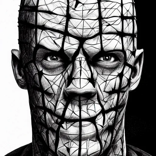 Prompt: drawing of john cena as pinhead from hellraiser, pencil drawing, ultra realistic, intricate details, black and white, hd, 8 k, artstation