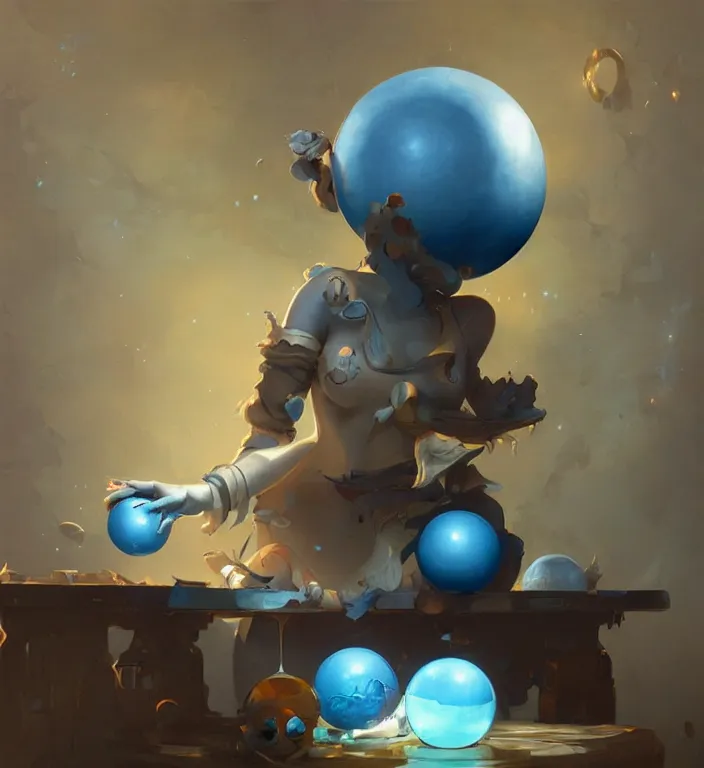 Prompt: a blue ball on a table, digital art by Peter Mohrbacher