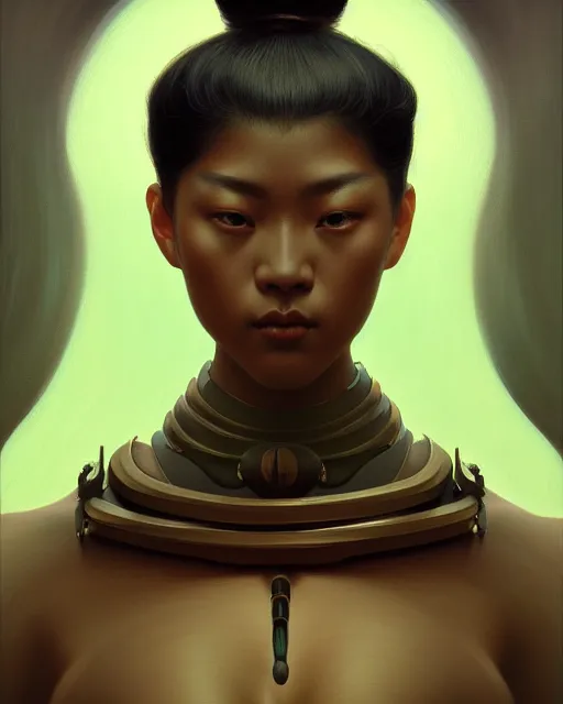 Prompt: symmetry, samurai, lines, brown skin, green iris, machine face, intricate, elegant, highly detailed, digital painting, artstation, cgsociety, concept art, smooth, sharp focus, illustration, art by camille corot and karol bak and kim tschang yeul, 8 k