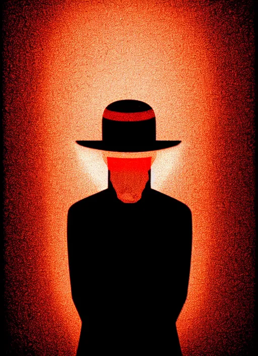 Image similar to habitat 67 on fire, portrait of a lone man in a hat, Mads Berg, Karolis Strautniekas, film noir, stippled light, dramatic lighting,editorial illustration, detailed,fine texture, matte print, dark orange, red, black