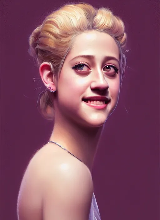 Image similar to portrait of lili reinhart with fluffy bangs, smiling kindly, bangs, 1 9 6 0 s, ponytail, curly bangs and ponytail, intricate, elegant, glowing lights, highly detailed, digital painting, artstation, concept art, smooth, sharp focus, illustration, art by wlop, mars ravelo and greg rutkowski