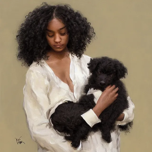 Image similar to 2 0 year old black woman with curly hair, with a small black puppy besides her, and a newborn baby in her arms, portrait, elegant, intricate, digital painting, artstation, concept art, smooth, sharp focus, illustration, art by konstantin korovin and daniel f. gerhartz and john howe