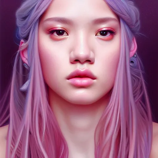 Image similar to portrait of jossi of blackpink, fractal goddess, highly detailed, digital painting, smooth, sharp focus, illustration, ultra realistic, 8 k, art by artgerm and alphonse mucha