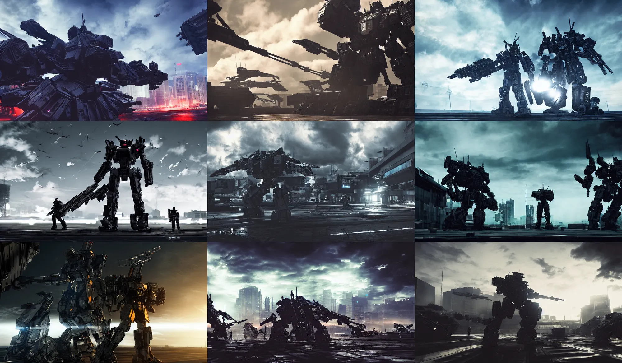 Prompt: armored core 4 by liam wong, long - shot, full body, sky, cloud, dramatic lighting, cinematic establishing shot, extremely high detail, photorealistic, cinematic lighting, unrealengine 4,