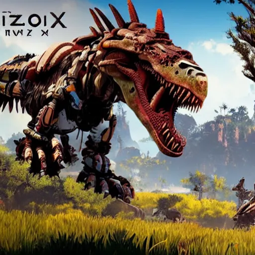 Prompt: gameplay of horizon zero dawn, mech tyrannosaurus rex, highly detailed