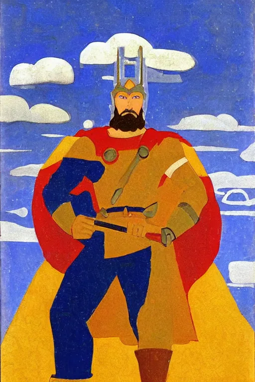 Image similar to thor with hammer, marvel, artwork by nicholas roerich,