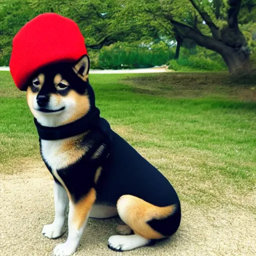 Image similar to photo of a Shiba Inu dog wearing a beret and black turtleneck