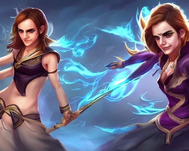 Prompt: Emma Watson as champion in League of Legends . Digital Art. Legendary Skin.