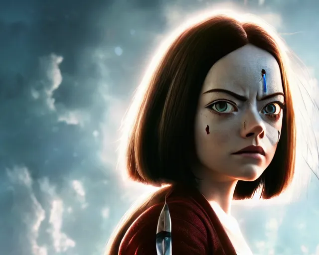 Image similar to a film still from battle angel alita played by actress emma stone, portrait, beautiful, cinematic lighting, photorealistic, hyperrealistic, highly detailed, close - up, high resolution, 4 k