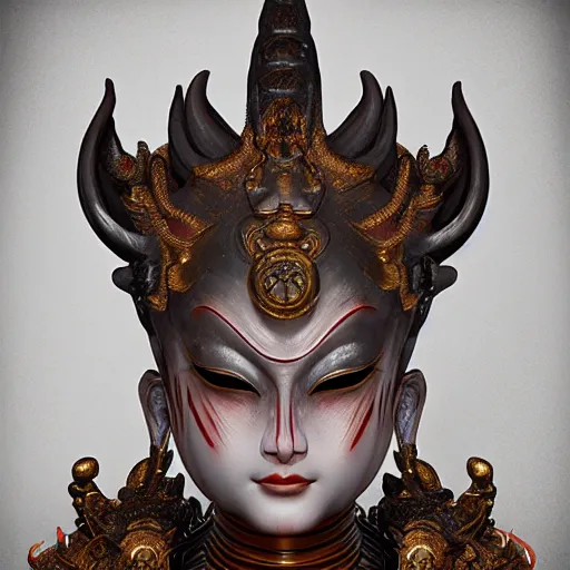 Image similar to naraka buddhist demon korean female, highly detailed, symmetrical long head, golden amber eyes, smooth marble surfaces, detailed ink illustration, raiden metal gear, cinematic smooth stone, deep aesthetic, concept art, post process, 4 k, carved marble texture and silk cloth, latex skin, highly ornate intricate details, in the style of 8 8 grzes