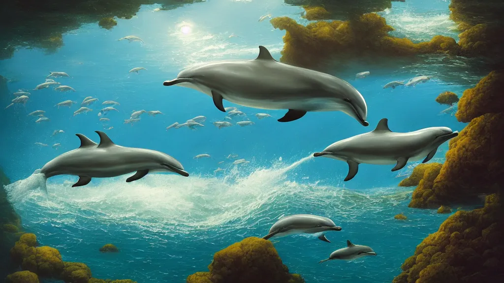 Image similar to dolphins swimming underwater, harmony, peaceful, amazing, by andreas rocha and john howe, and Martin Johnson Heade, featured on artstation, featured on behance, golden ratio, ultrawide angle, f32, well composed