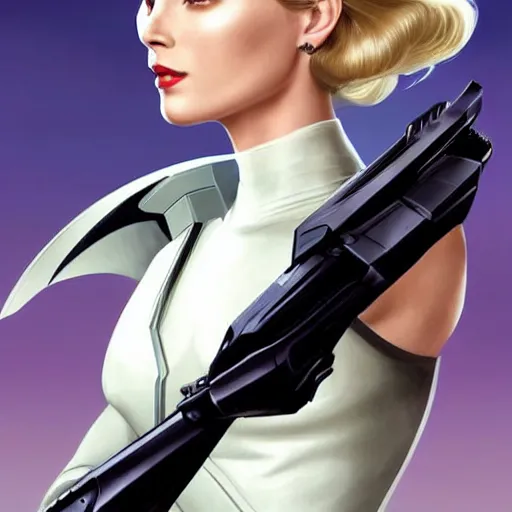 Image similar to A combination of Grace Kelly's and Ada Wong's and Ashley Greene's appearances with blonde hair wearing Forerunner armor from Halo, high tech, action shot, angular, full body portrait, futuristic, dramatic, fantasy, intricate, elegant, highly detailed, artstation, matte, sharp focus, 8K, art by Artgerm and Greg Rutkowski and Alphonse Mucha