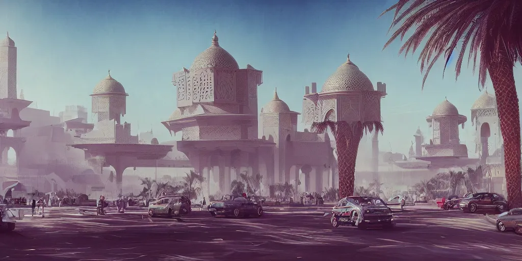 Prompt: Futuristic Marrakech, palm trees, Flying Taxi ,Moroccan mosque ,WLOP, James Jean, tom bagshaw, rococo, trending on artstation, fantasy, intricate, elegant, highly detailed, digital painting, concept art, smooth, illustration, cinematic lighting, hyper realism, octane render, 8k, hyper detailed.