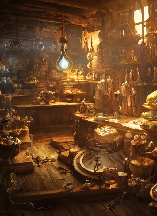 Image similar to merchant in his store selling things, ultra detailed fantasy, elden ring, realistic, dnd, rpg, lotr game design fanart by concept art, behance hd, artstation, deviantart, global illumination radiating a glowing aura global illumination ray tracing hdr render in unreal engine 5