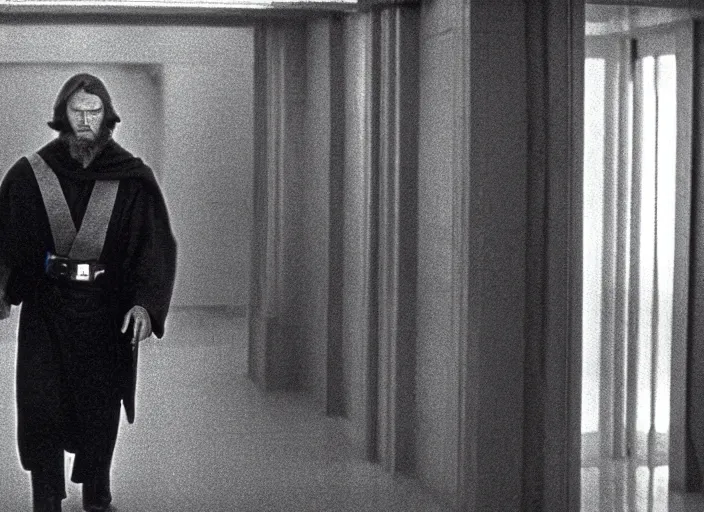 Prompt: Still of Clint Eastwood as Obiwan kenobi walking in the death star corridors in Star Wars (1977)