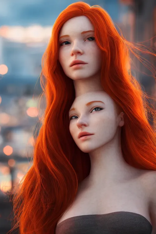 Image similar to hyperrealistic portrait of stunningly beautiful redhead nordic girl, lit in a dawn light, busy city on background, trending on artstation,ultrawide angle, f8 , polarizer , unreal engine