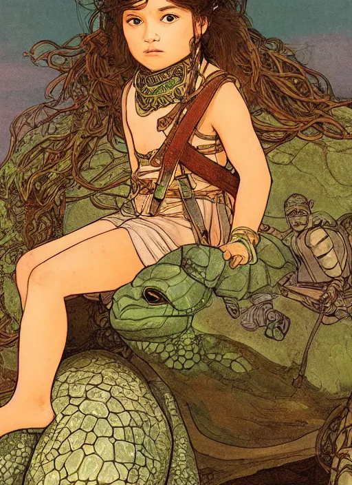 Image similar to portrait of a little warrior girl sitting on top of a giant turtle in the desert. the girl has dark skin and beautiful green eyes, realistic body legs and a very beautiful detailed symmetrical face with long black hair. the turtle has a big wise face and closed eyes. diffuse light, dramatic landscape, fantasy illustration by mucha