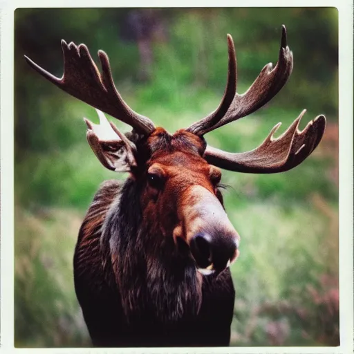 Prompt: polaroid of a moose with a mischievous smile