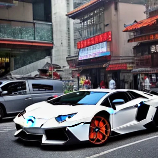 Image similar to a Lamborghini Aventador parked on a busy street in Chongqing China