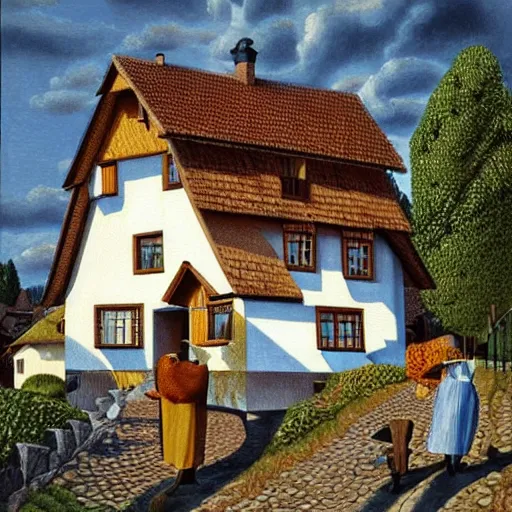 Image similar to Hyperrealism traditional austrian heuriger, painting by MC Escher