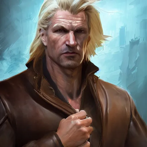 Image similar to portrait of a muscular, grim, ponytail haired blonde man in his late 30's, wearing a thick brown leather coat, looking to his side, half of the face scarred, hunter, DnD character, fantasy character, digital art by Ruan Jia, Krenz Cushart, Rossdraws and Boris Vallejo