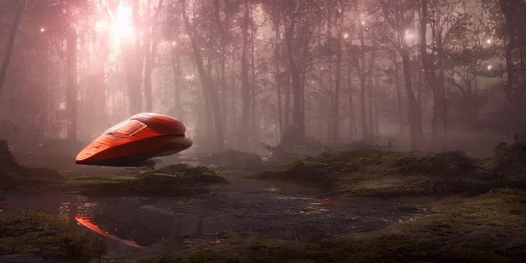 Image similar to futuristic giant starship, in the woods, puddles of water, stunning volumetric lighting, sundown, trending on Artstation, 8k, photorealistic, hyper detailed, unreal engine 5, cinematic, epic lighting, cryengine, octane render, cyberpunk, red and orange glow, dark, gloomy