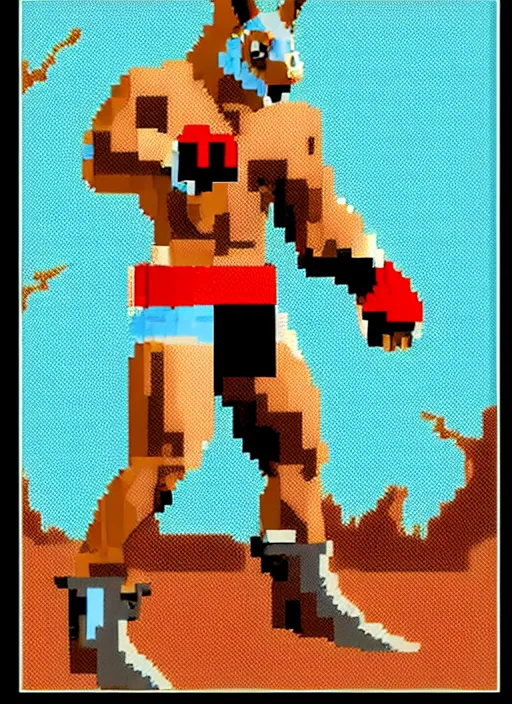 Prompt: extreme long shot. 8 bit nes graphics. antropomorphic muscular masculine wolf. kickboxer fighter, in shorts. wolf head. furr on body.