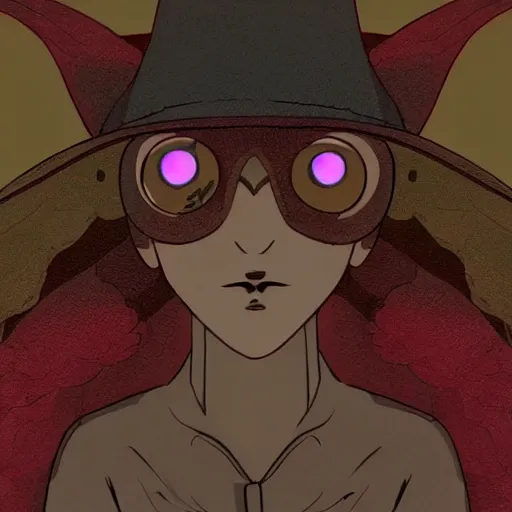 Image similar to 4K headshot of mothman with a mushroom hat and rouch clothes with giant wings , intricate face , flawless anime cel animation by Manabu Oshashi and Satoshi Kon, professionally post-processed , beautiful, scary, symmetry accurate features, epic, octane rendered, anime masterpiece, accurate