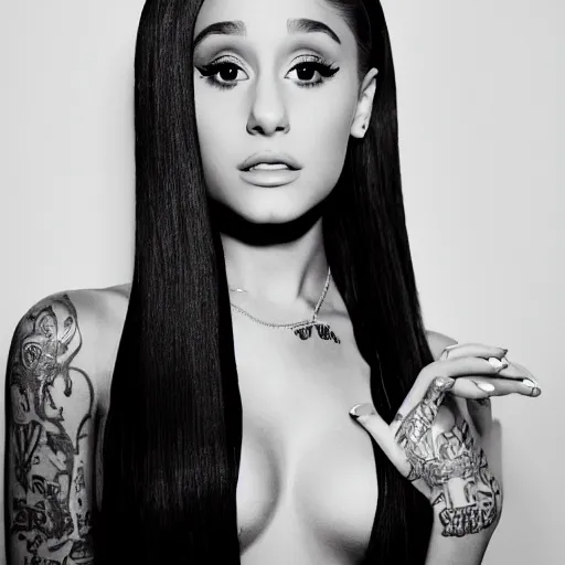 Image similar to ariana grande recursive photo beautiful ariana grande photo bw photography 130mm lens. ariana grande backstage photograph posing for magazine cover. award winning promotional photo. !!!!!COVERED IN TATTOOS!!!!! TATTED ARIANA GRANDE NECK TATTOOS. Zoomed out full body photography. very very very detailed.