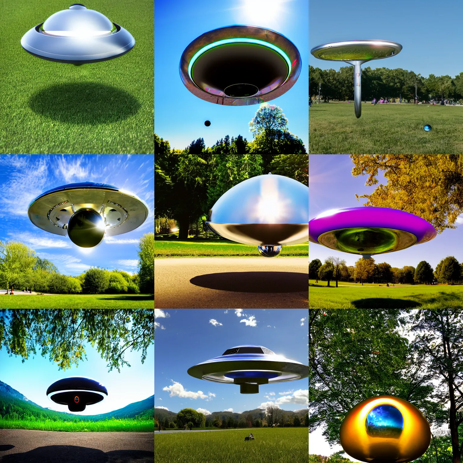 Prompt: shiny ufo in the park, beautiful sunny day, hyperrealistic, canon eos, 4 k