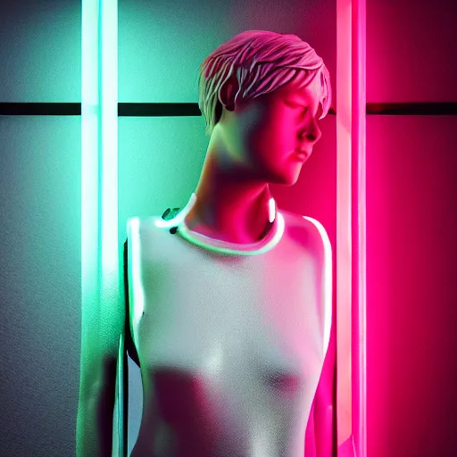 Image similar to a human made out of rain, neon, rendered in octane, unreal engine, highly detailed, realistic, beautiful, emotional