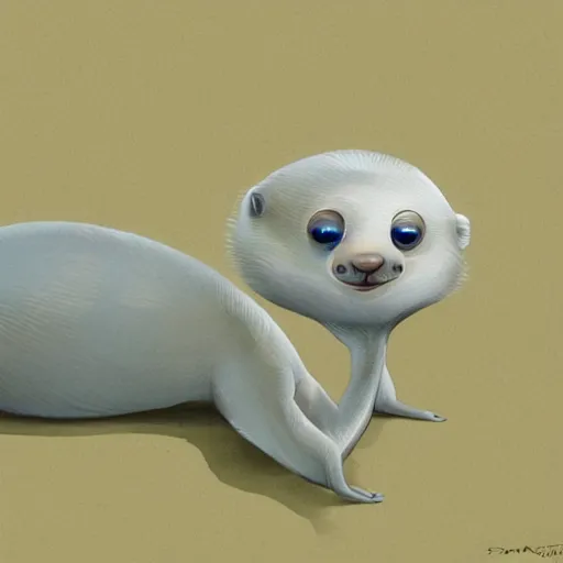 Prompt: bipedal albino amphibious otter seal alien creature with big eyes and a fat tail, speculative biology, big eyes