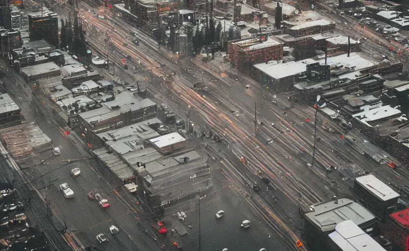 Prompt: 2011 Seattle rainy afternoon, aerial view , aerial view Cinestill 800t 18mm, heavy grainy picture, very detailed, high quality, 4k panoramic, billboards and streetlight at night, rain, mud, foggy