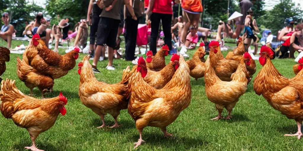 Prompt: summer music festival with only chicken as audience. no humans
