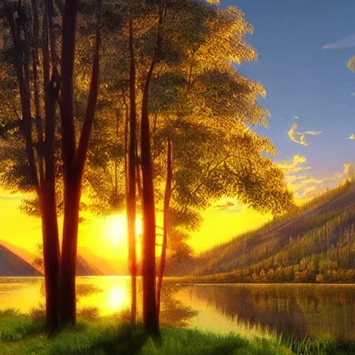 Prompt: a masterpiece detailed beautiful russian village, trees, lake, mountains, golden hour, sunset, by Makoto Shinkai