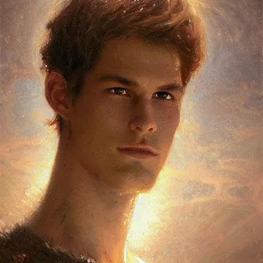 Prompt: a handsome slender young man with wavy brown hair summons a ball of light into his hand. urban fantasy. modern. dramatic. cinematic. holy. saintly. demigod. lord of light. detailed. sharp. photo realistic. realism. gaston bussiere. geoffroy thoorens