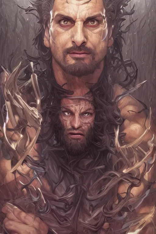 Image similar to portrait of ethan klein as a hulking herculean demon, forest, godlike, full body, fantasy, intricate, elegant, highly detailed, digital painting, artstation, concept art, sharp focus, illustration, art by artgerm and greg rutkowski and alphonse mucha