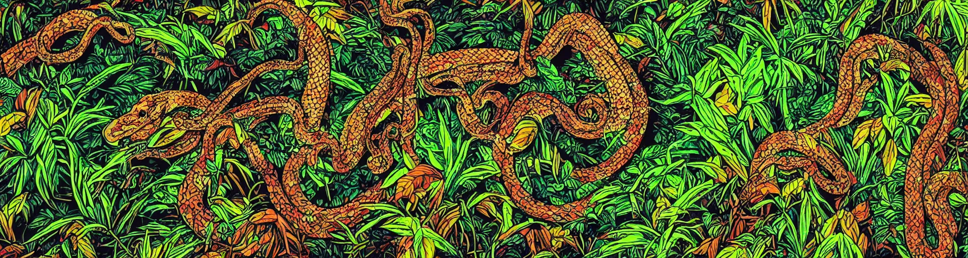 Image similar to a snake in the jungle seen through the psychedelics effects from ayahuasca