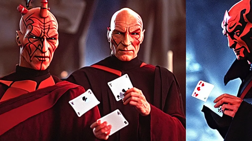 Prompt: picard and darth maul playing cards together, from star trek the next generation ( 1 9 8 7 )