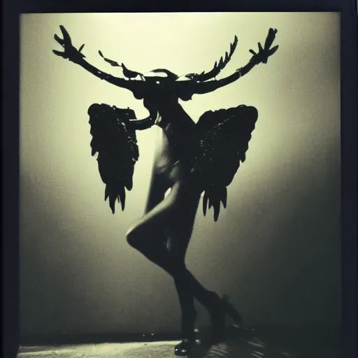 Image similar to a dark artistic photo of an alien creature with crazy wings, a polaroid photo