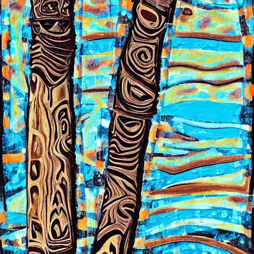 Image similar to dusty bipedal dark rapids fractal haddock wood teak tree chocolate, by eleanor vere boyle and jackson pollock and tom thomson, tiki, cubist, speedpainting