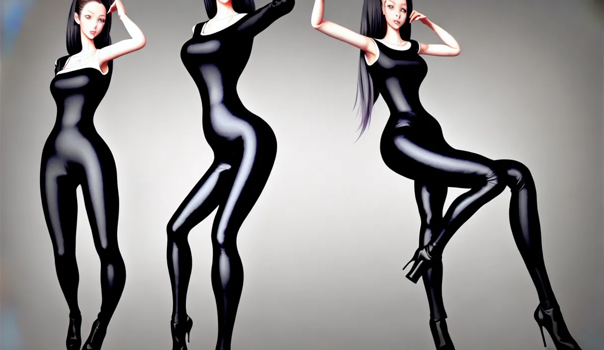 Image similar to large realistic richly detailed colored pencil 3D illustration of an attractive woman wearing a tight black dress and black thigh-high leggings think about the galaxy, art by Range Murata and Artgerm.