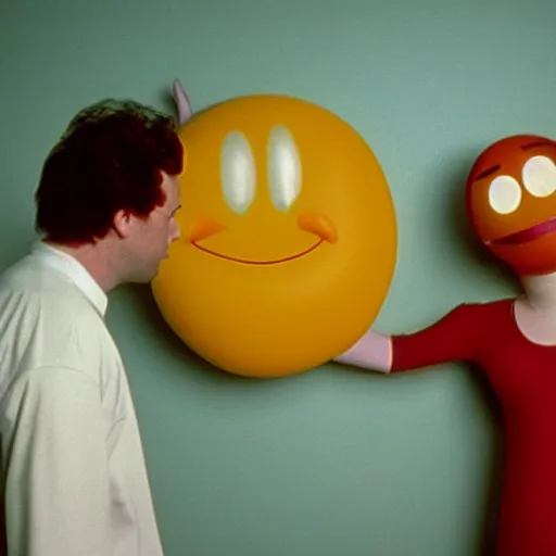 Image similar to still from a 1994 arthouse film about a depressed woman dressed as an inflatable smiley who meets a handsome younger man in a seedy motel room, color film, 16mm soft light, weird art on the wall