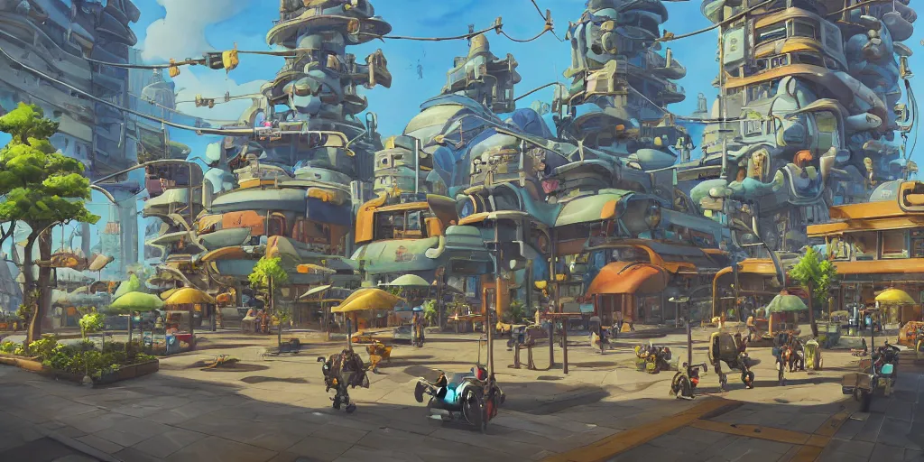 Image similar to overwatch building, stylized, exterior, architecture, watercolor gouache detailed paintings, insanely detail, artstation, 8 k, futuristic, arcane, simon stalenhag, food stall, interesting shapes & form, golden ratio, hard surface, props, decoration and furniture, megastructures, floating city, tree and plants, solarpunk, japanese downtown, utopia, kitbash 3 d