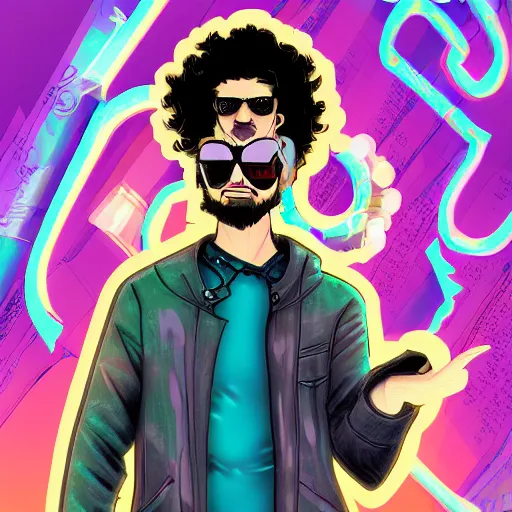 Prompt: a cyberpunk curly-haired persian guy, digital art, aesthetic