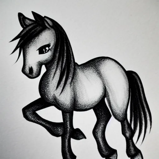 Image similar to fancy looking pony, drawn with a black 0. 3 mm fineliner on a white paper