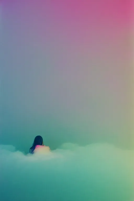 Image similar to high quality pastel coloured film photograph of a model wearing clothing resting on cloud furniture in a icelandic black rock environment in a partially haze filled dreamstate world. three point light, rainbow. photographic production. art directed. pastel colours. volumetric clouds. pastel gradient overlay. waves glitch artefacts. extreme facial clarity. 8 k. filmic.