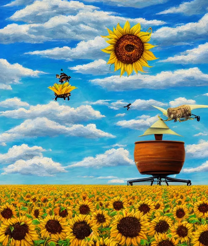 Image similar to a highly detailed painting of a sunflower field and an ufo abducting a cow, very fine brush strokes, baby blue sky with aesthetic clouds, 4 k,