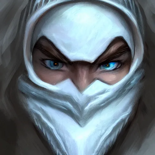 Prompt: a fantasy snow bandit from ‘ icewind dale ’ with a mask on, frost gem, ‘ icewind dale 2 ’ profile portrait by ‘ justin sweet ’, falling snow, soft focus, illustrated, oil paint, artstation